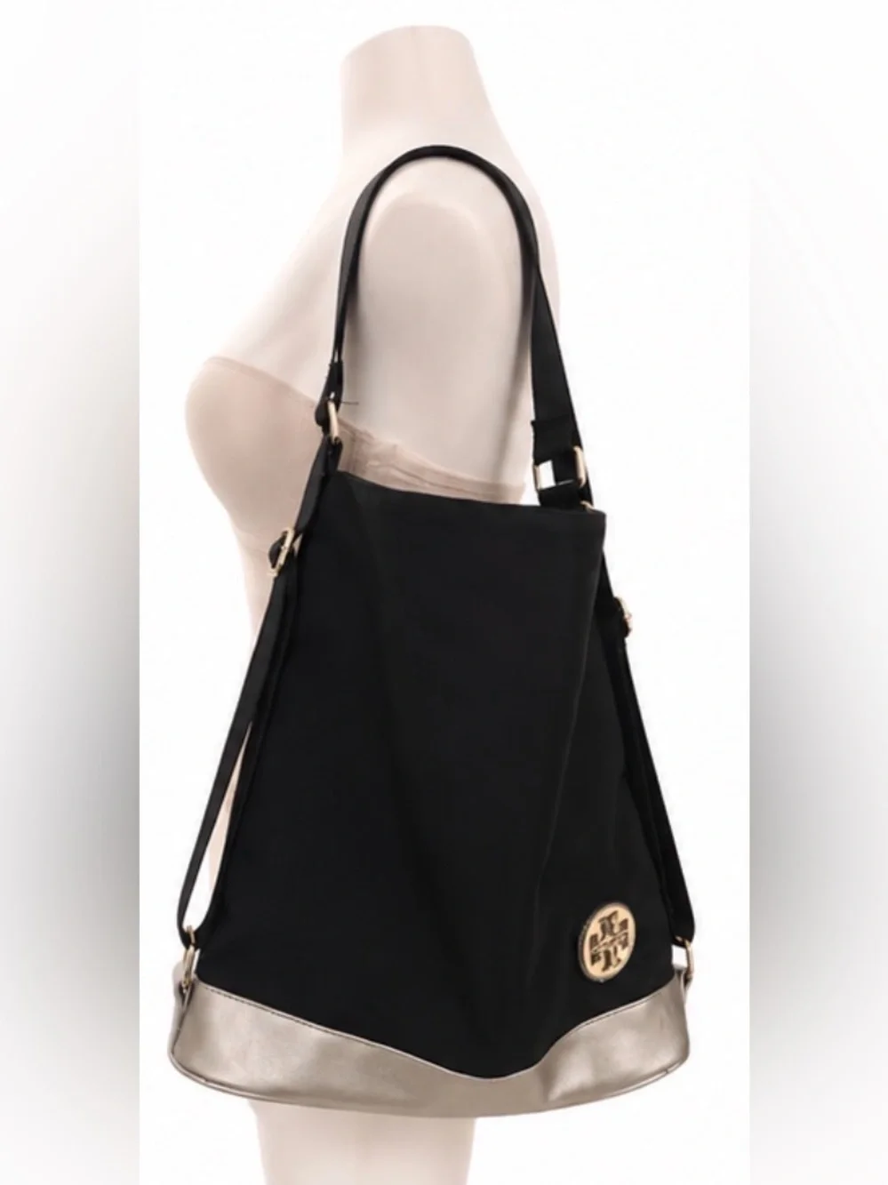 Tory Burch Black Nylon Convertible Shoulder Bag / Backpack With Gold Hardware